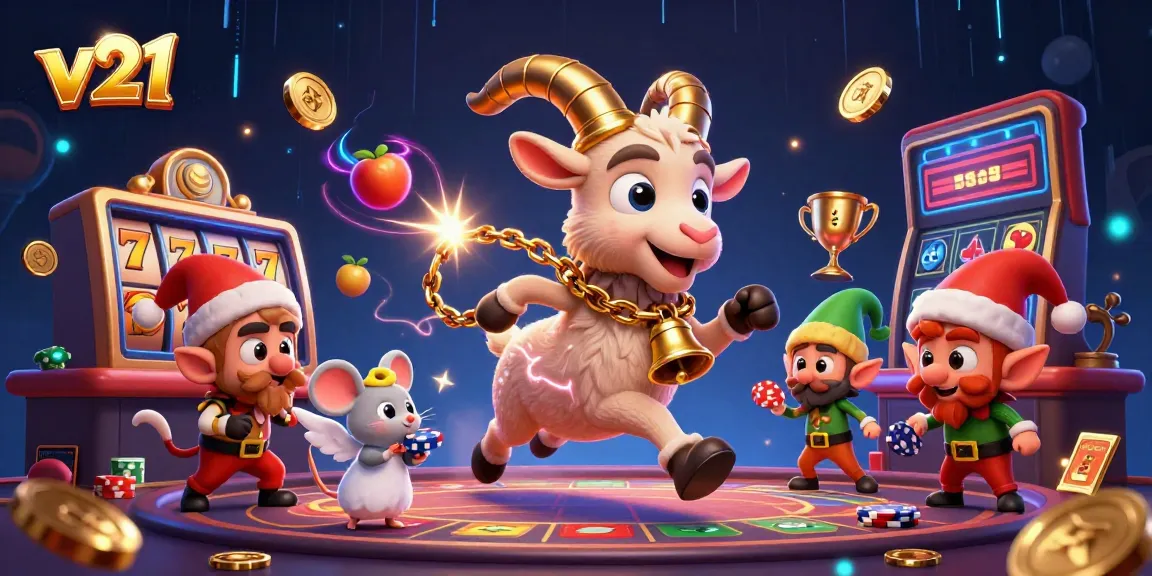 Akses situs v21 yang mudah dengan slot dan aktivitas kasino lainnya, serta tema fantastis dalam ilustrasi.