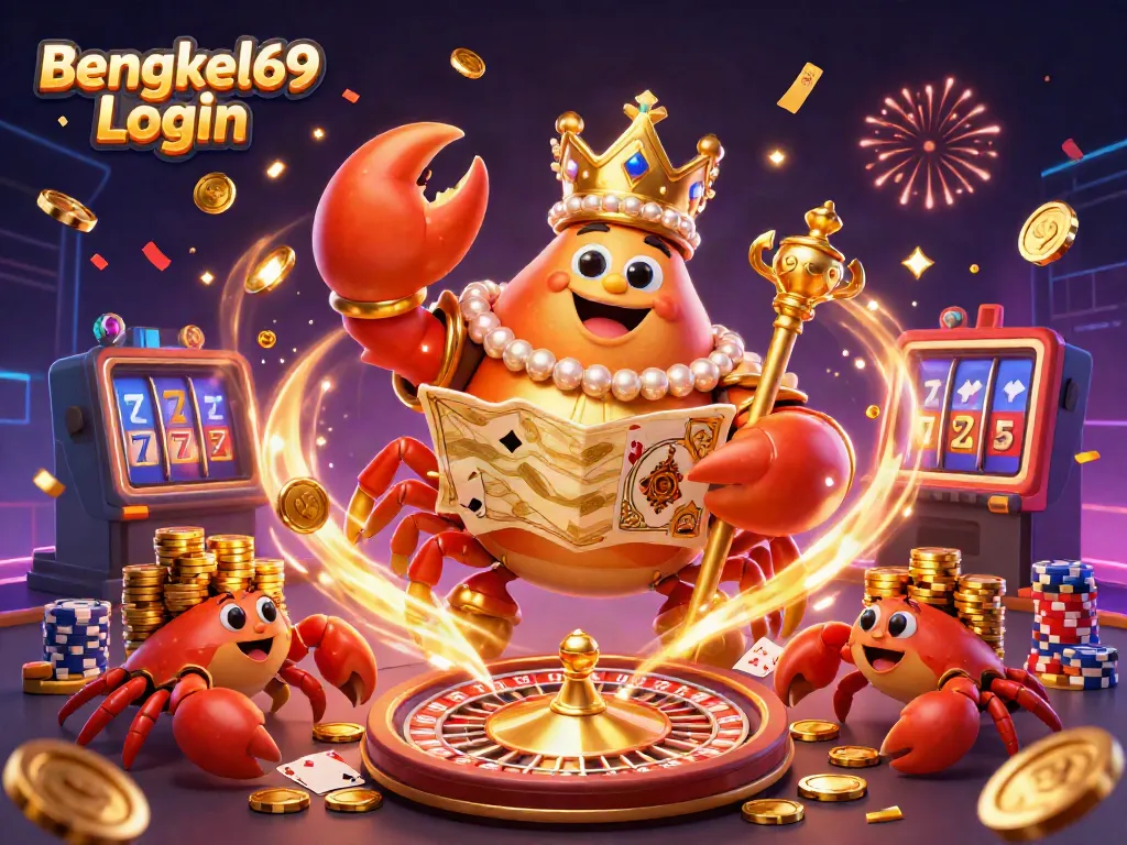 Experience thrilling gameplay with the vibrant Bengkel69 Login illustration of a majestic crab emperor amidst cascading treasures.