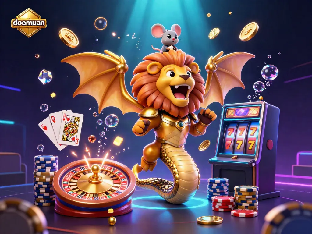 Experience triumphant wins with doomuan's dazzling casino illustration featuring a golden chimera and vibrant gaming elements.