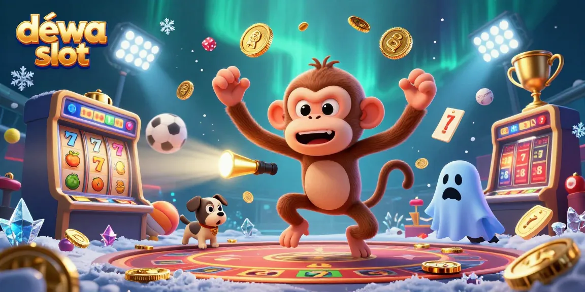Engage in thrilling gameplay at dewa slot with a playful monkey and ghost-hunter puppy in a vibrant casino setting.