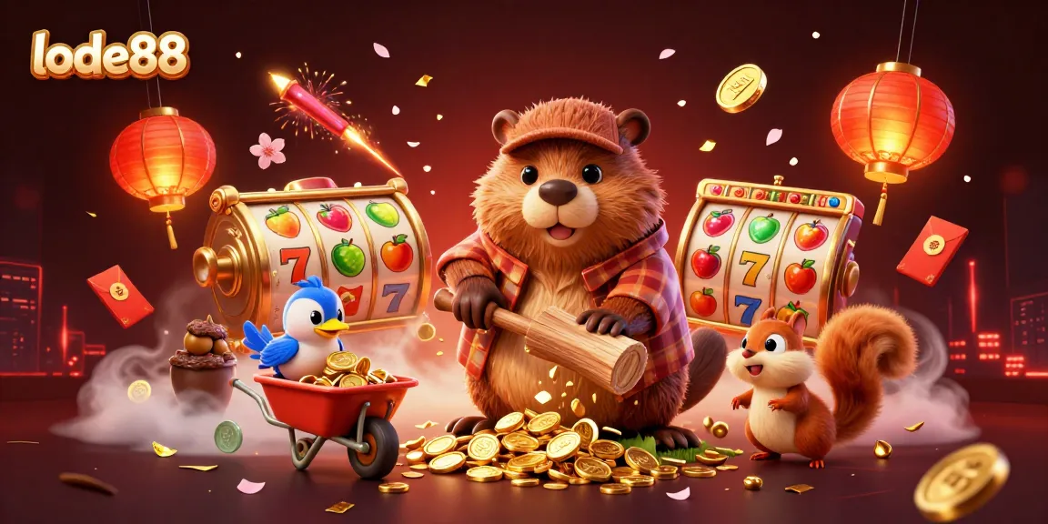 Experience the excitement of lode88 with a vibrant scene of a beaver, bird, and squirrel amidst golden coins and slot reels.