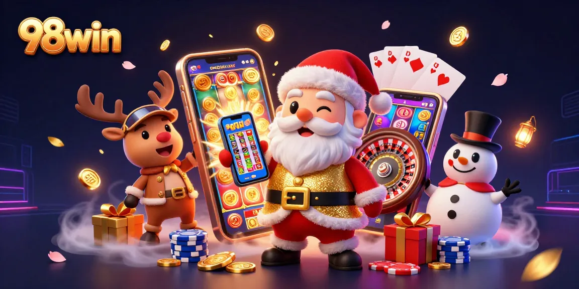 Spin the jackpot with 98win at this vibrant 3D casino scene featuring festive characters and dynamic game elements.