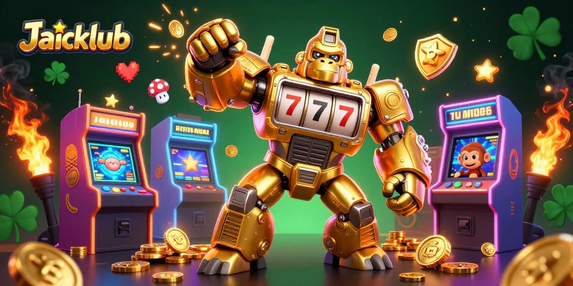 Engage with Jaiclub's dynamic gaming experience featuring a golden gorilla mech and arcade elements.