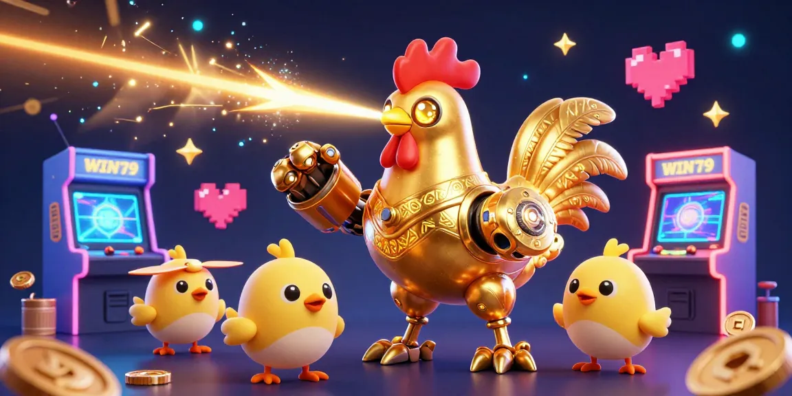 WIN79 engages players with its vibrant 3D cartoon illustration featuring a unique golden rooster robot in a dynamic gaming environment.