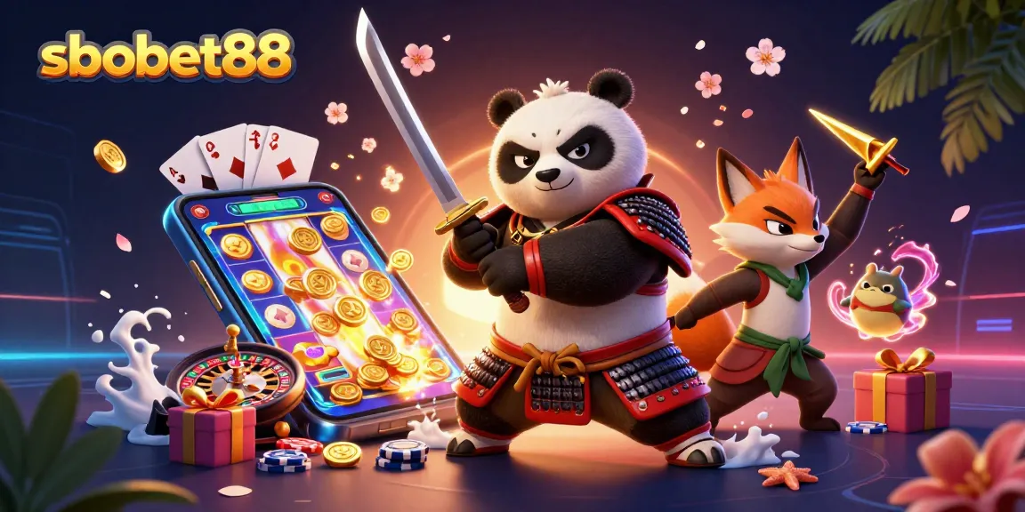 Engage with sbobet88 on this vibrant, action-packed casino adventure illustration featuring dynamic characters.
