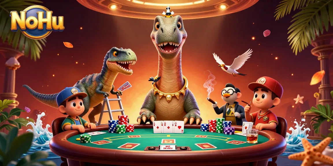 NoHu players enjoy thrilling action at a vibrant casino scene filled with poker and dynamic characters.