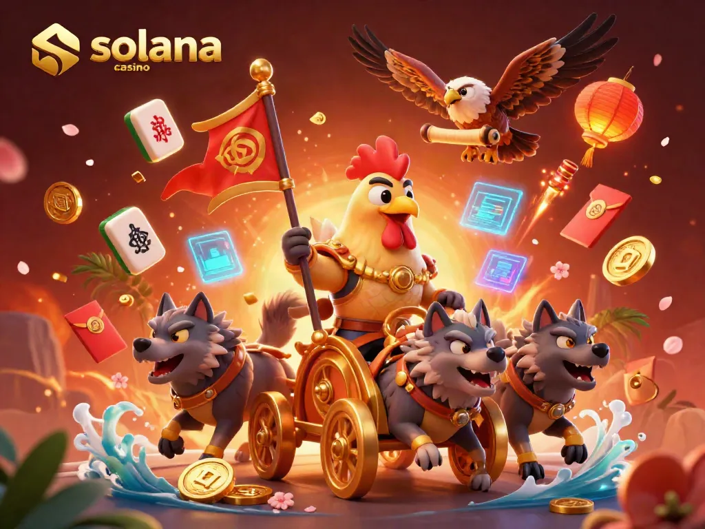 Engage with the vibrant solana casino scene featuring a rooster warlord and gold-themed game elements.