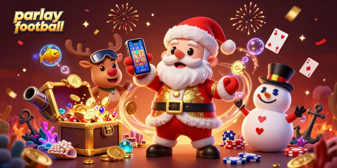 Experience parlay football excitement with a colorful casino scene featuring Santa, reindeer, and snowman.