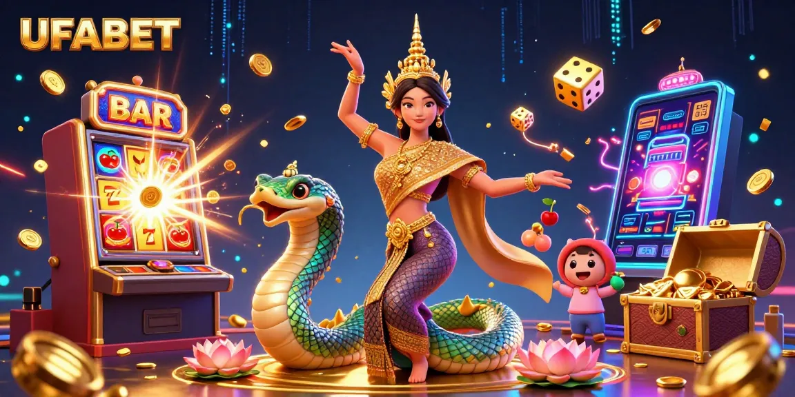 Experience the vibrant excitement of UFABET with a stunning casino illustration featuring a Thai dancer, Naga serpent, and jackpot elements.