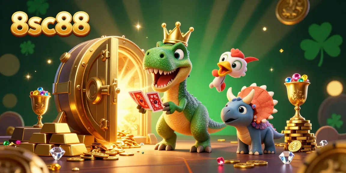 Experience the thrill of 8sc88 with a T-Rex shuffling cards, surrounded by treasures and casino elements.