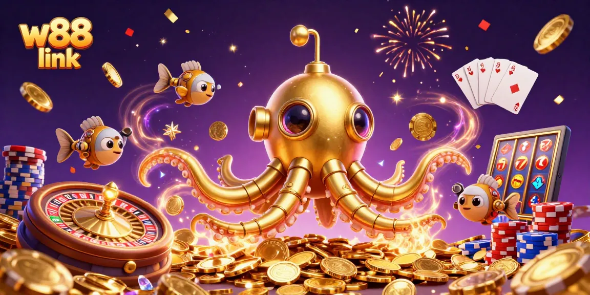 Engage with the w88 link through a vibrant 3D illustration showcasing animated casino elements and golden treasures.