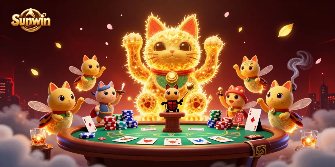 Experience thrilling Wins with Sunwin's vibrant casino imagery showcasing a lively lucky cat.