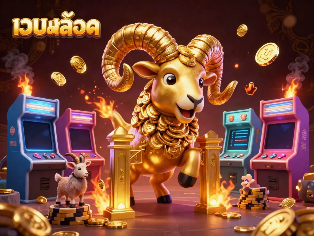 Engaging 3D illustration of เว็บสล็อต with a charging golden ram, surrounded by arcade game features and golden casino elements.