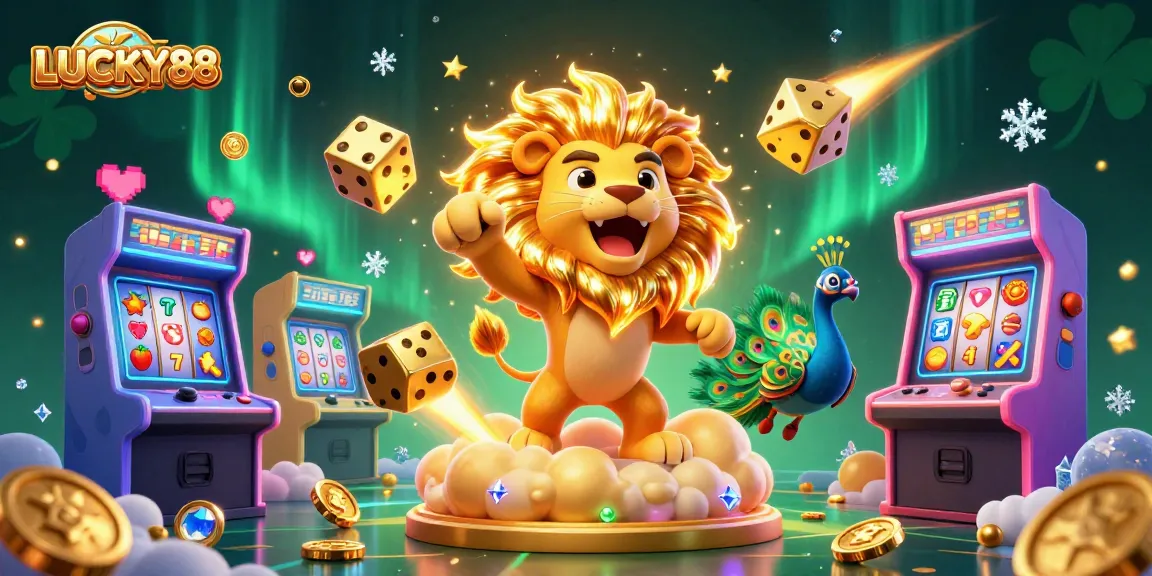 LUCKY88 slots scene with a roaring lion, golden dice, and arcade games in a vibrant casino illustration