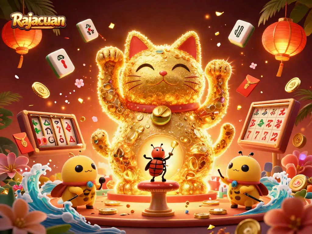 Experience thrilling luck with Rajacuan, where vibrant golden fireflies animate casino symbols in a stunning 3D scene.