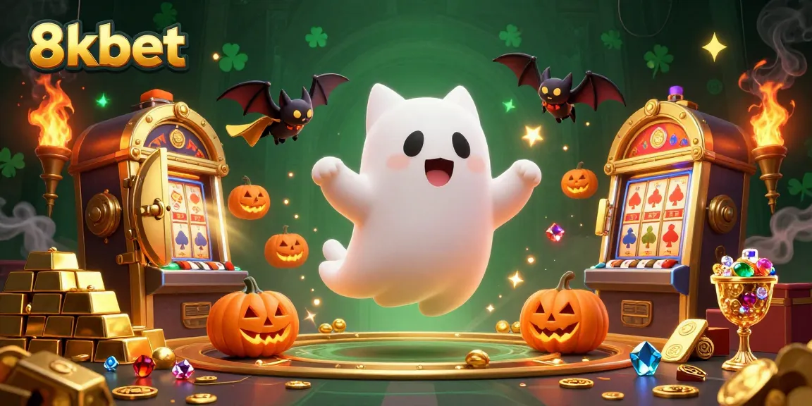 Experience enchanting wins at 8xbet with a cartoon ghost cat and treasures in a haunted casino.