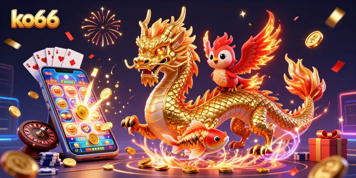 Experience excitement with ko66 in a vibrant casino scene featuring a golden dragon, phoenix, and koi fish.