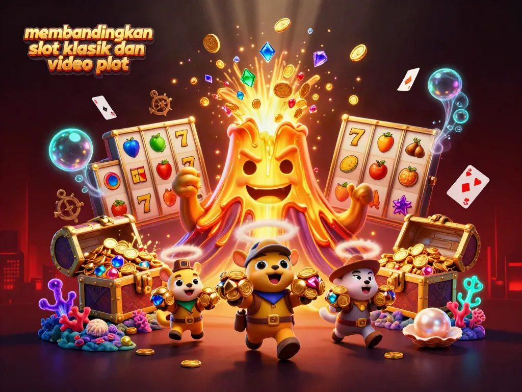 Visualisasi membandingkan slot klasik dan video slot dengan karakter dan elemen permainan kasino menarik.