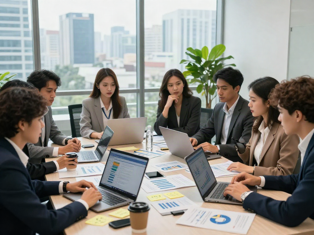 Team discussing slot deposit qris 5k strategies in a modern office setting.