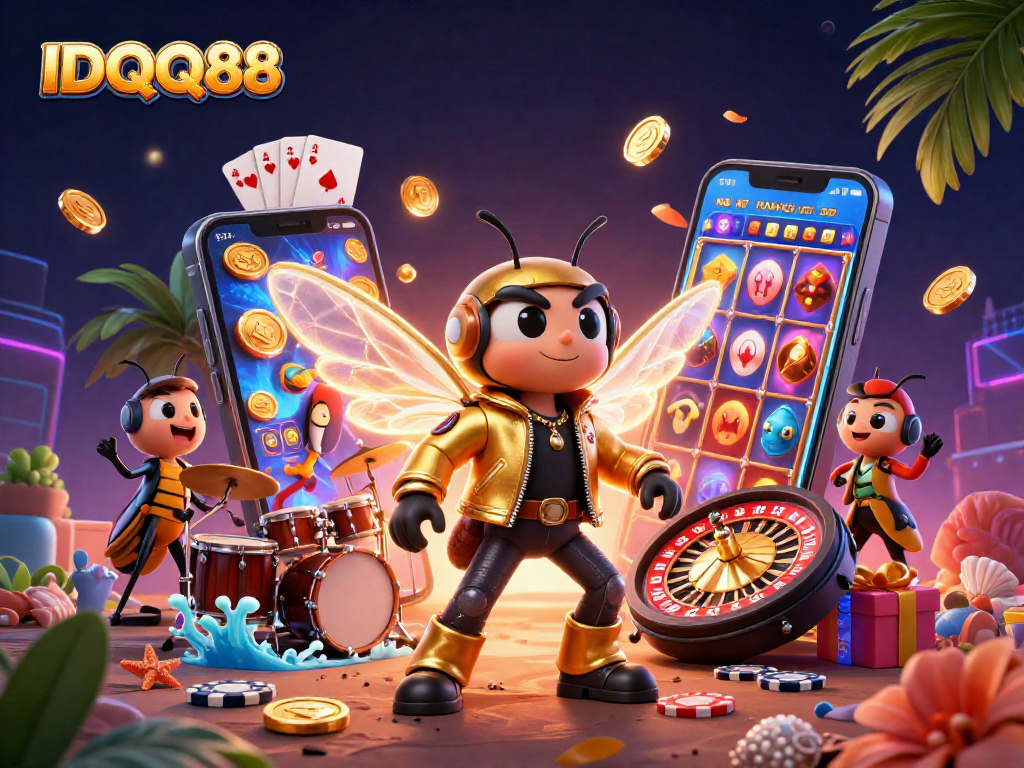 Experience IDQQ88's vibrant slot gaming world with a 3D cartoon rock star and exciting game elements.