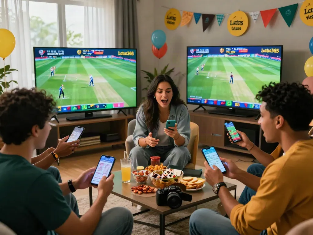 Friends enjoying sports betting on lotus365 while watching cricket in a lively home setting.