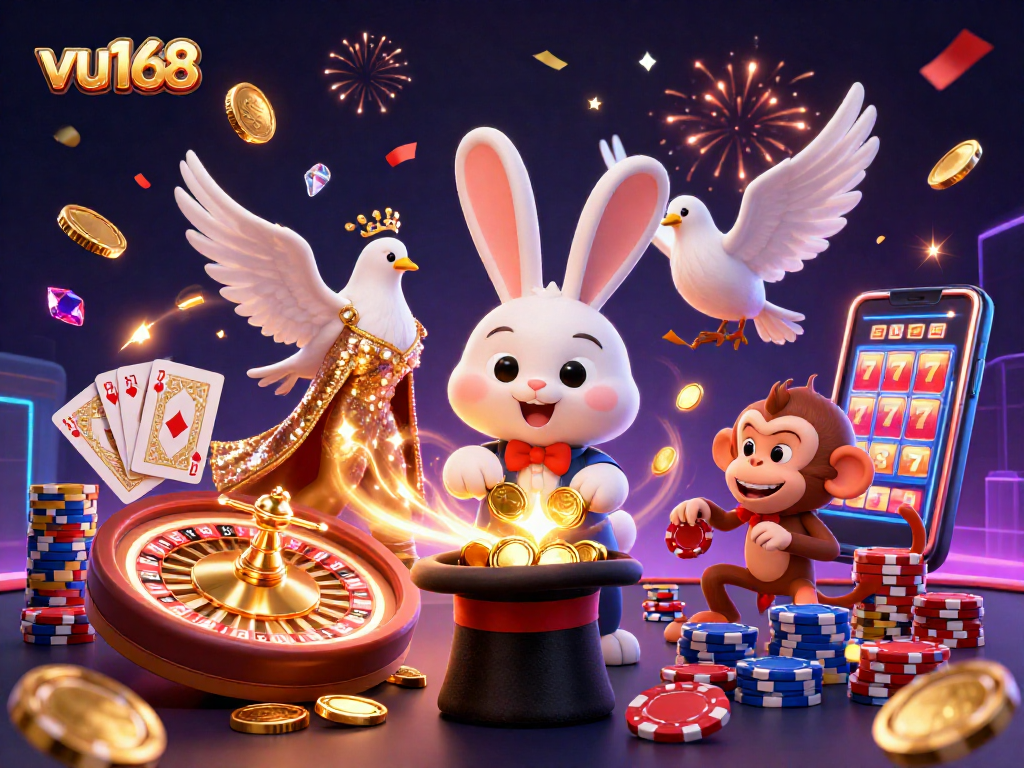 Experience the excitement at vu168 with a magical scene of a rabbit, dove, and monkey in a casino