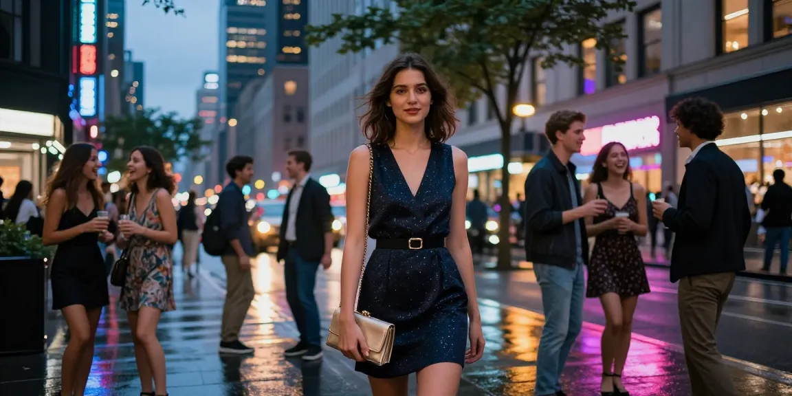 Dynamic urban nightlife with stylish woman showcasing escortebi fashion in vibrant city.