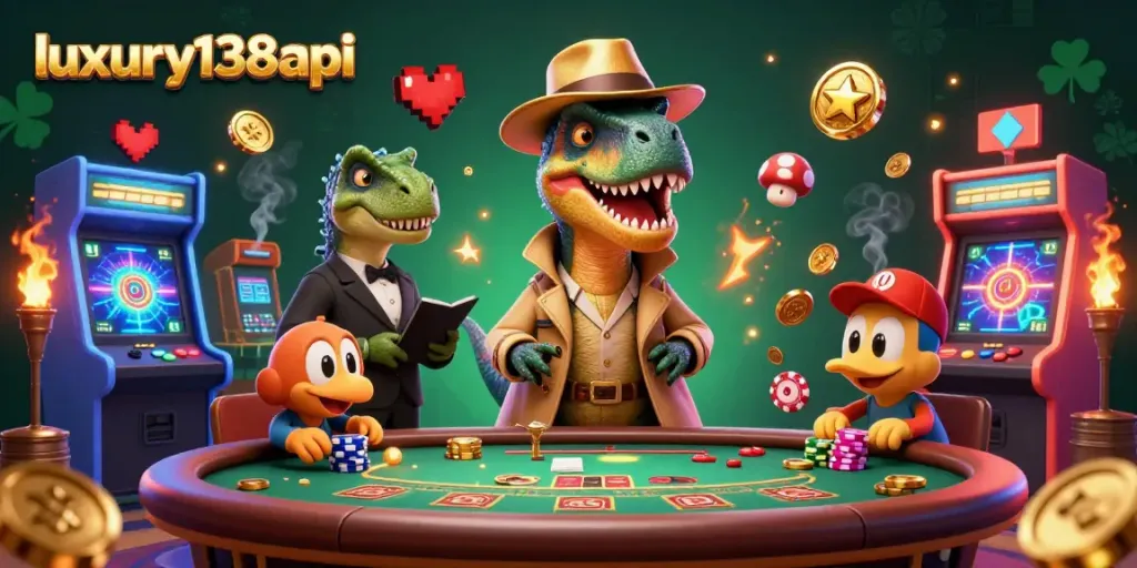 Experience the excitement of luxury138api with a playful scene featuring a velociraptor and casino characters engaging in an epic blackjack showdown.