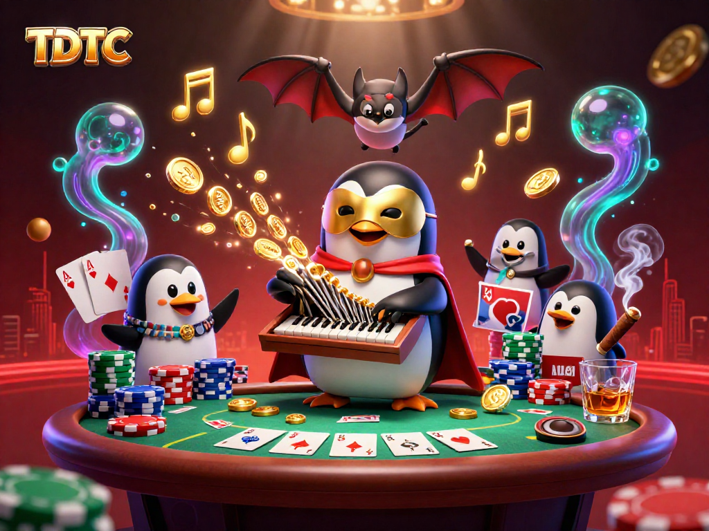 Experience TDTC entertainment with a 3D illustration of a phantom penguin at a lively poker table.