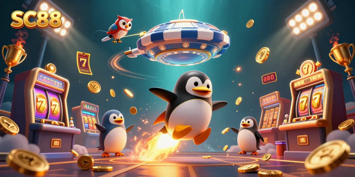 SC88 showcases a dynamic casino scene with a golden penguin and slot machines flying through a vibrant cosmic atmosphere.
