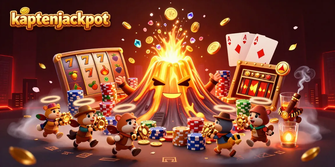 Experience excitement at kaptenjackpot with a golden volcano showering coins amidst thrilling slot symbols.