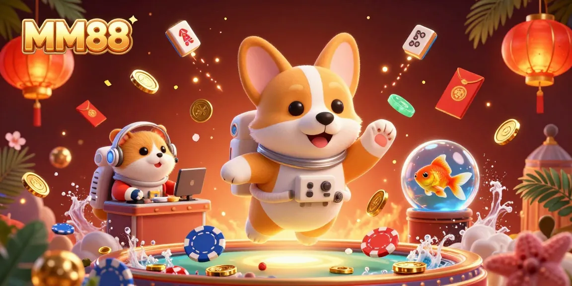 Experience excitement at MM88 with a vibrant space casino scene, featuring an astronaut corgi and a mission-control hamster.