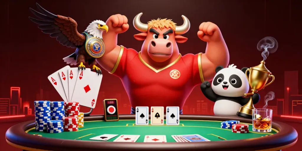 AD88 showcases a vibrant poker scene featuring animated bull, eagle, and panda celebrating wins.