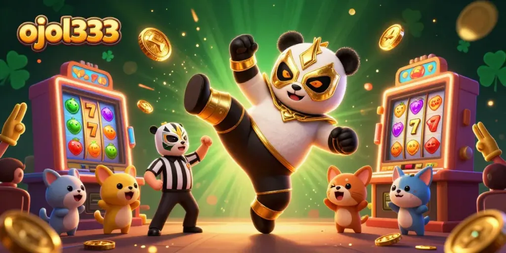 Experience the thrill with ojol333 as panda wrestler kicks amidst colorful slot machines and cheering animal fans.