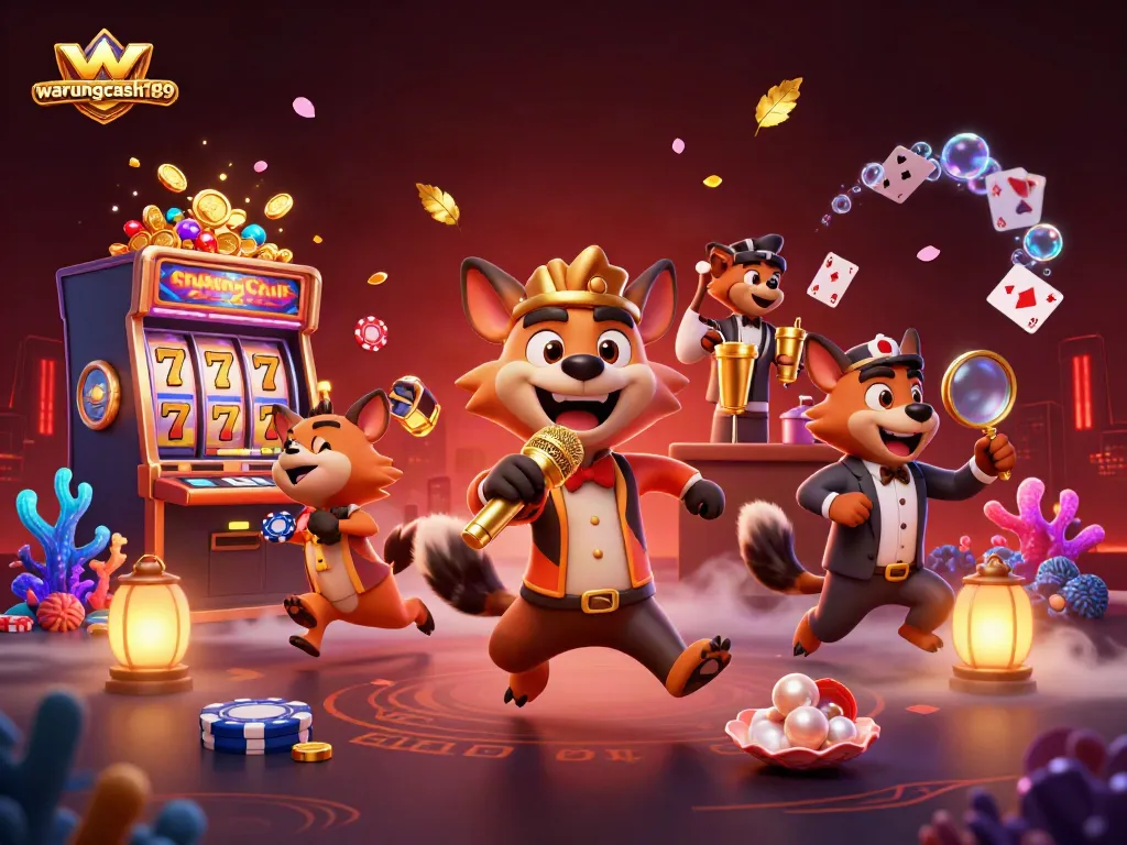 Spin the reels at warungcash189 with a dynamic 3D casino scene featuring hyenas and vibrant game elements.