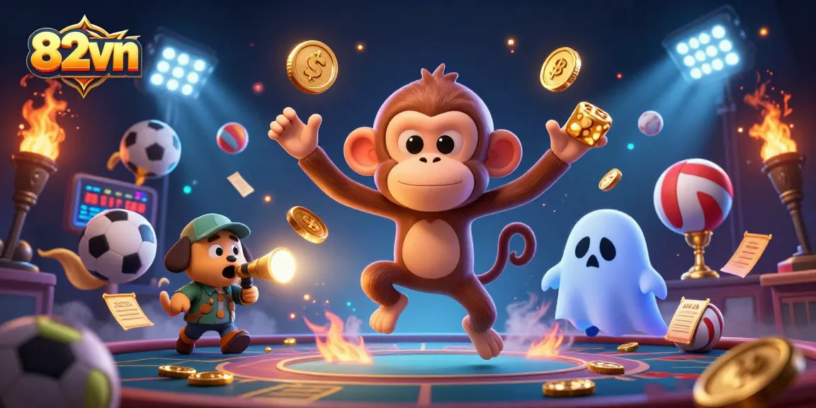 Engage in exhilarating gameplay with 82vn's vibrant casino atmosphere, featuring a playful monkey and curious puppy.