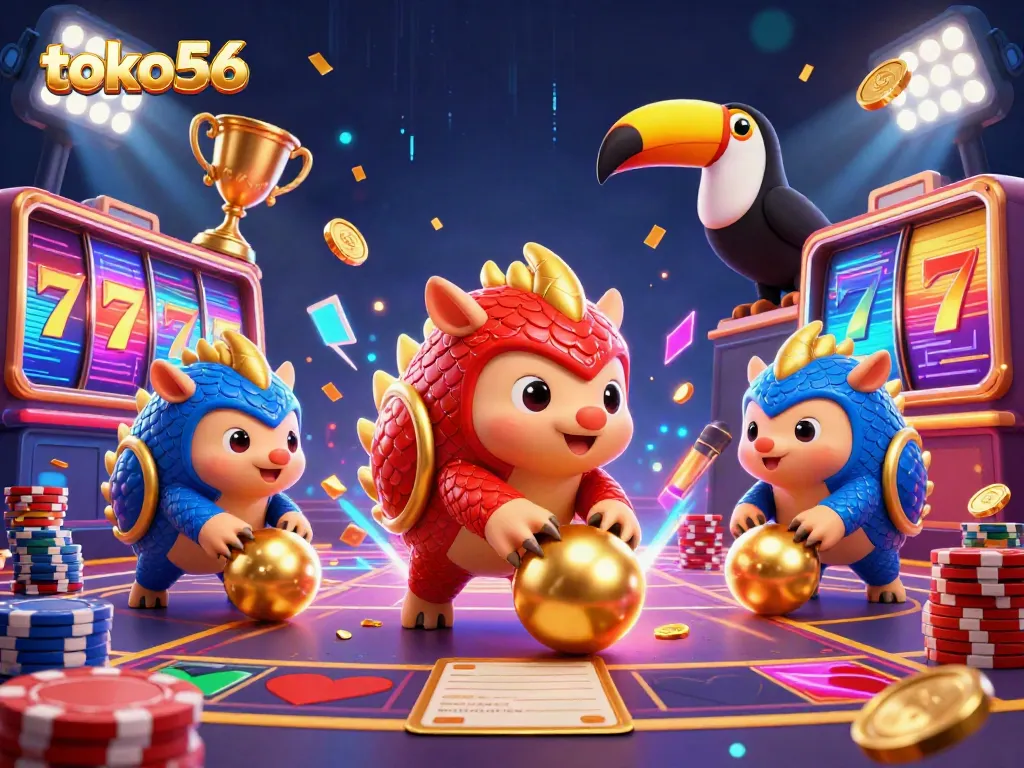 Token slot yang menarik di toko56 dengan pangolin bersaing dan tumpukan chip poker.