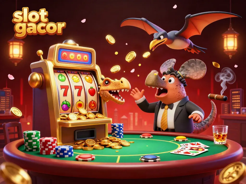 Experience thrills of 'slot gacor' as dynamic dinosaurs celebrate jackpot wins at the casino.