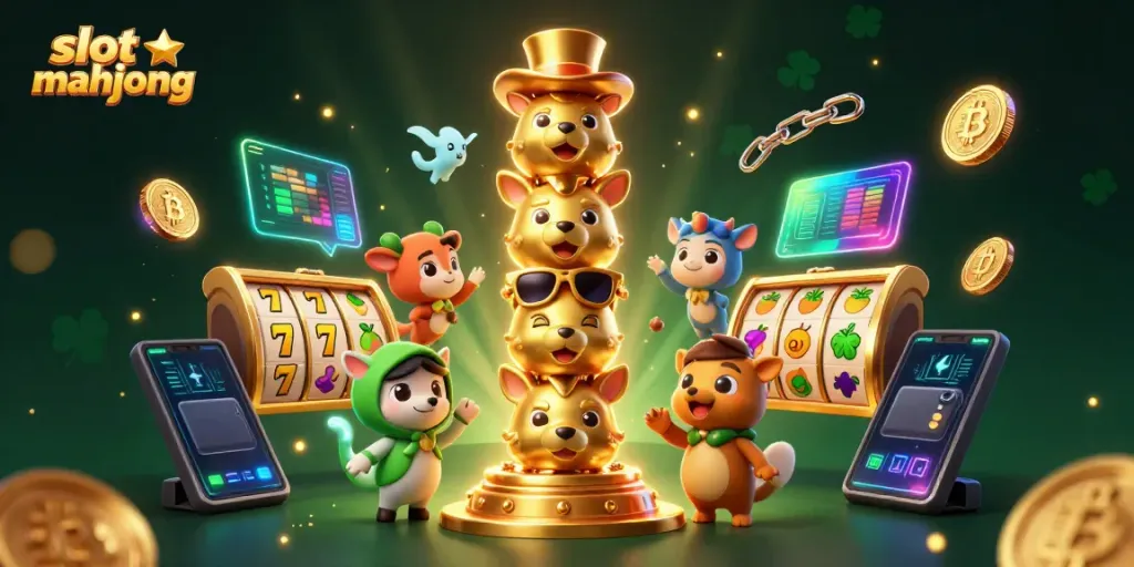 Permainan slot mahjong yang dinamis dengan totem emas bertema kasino dan simbol slot menarik.
