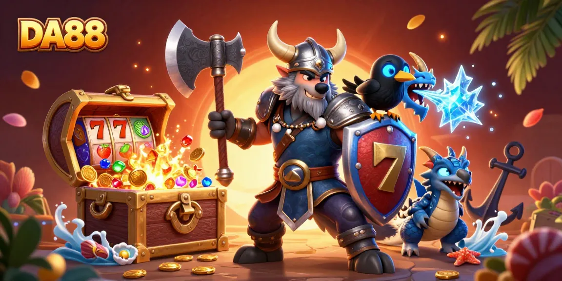 Win big on DA88 with a Viking warrior, ice dragon, and treasures in this vibrant casino scene.