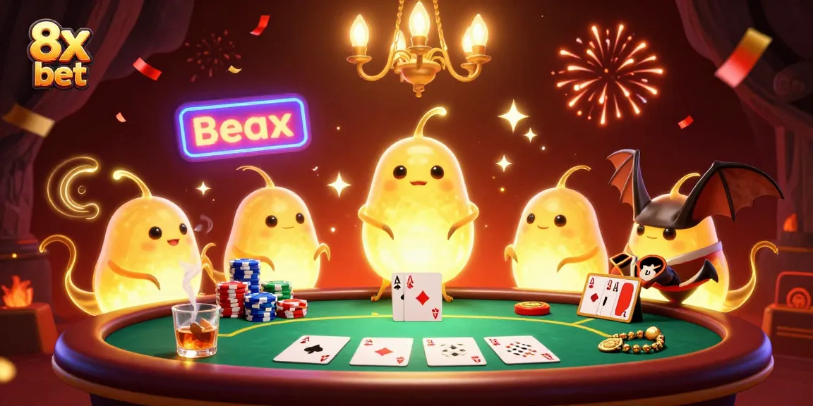 Experience the thrilling world of 8x bet as glowworms illuminate a vibrant casino scene with a bat dealer and poker action.