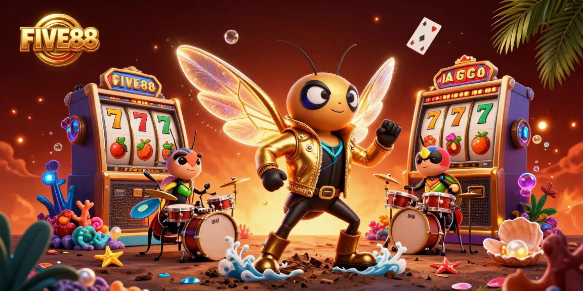 Engage with the vibrant FIVE88 casino experience brought to life, featuring a dynamic rock star scene.