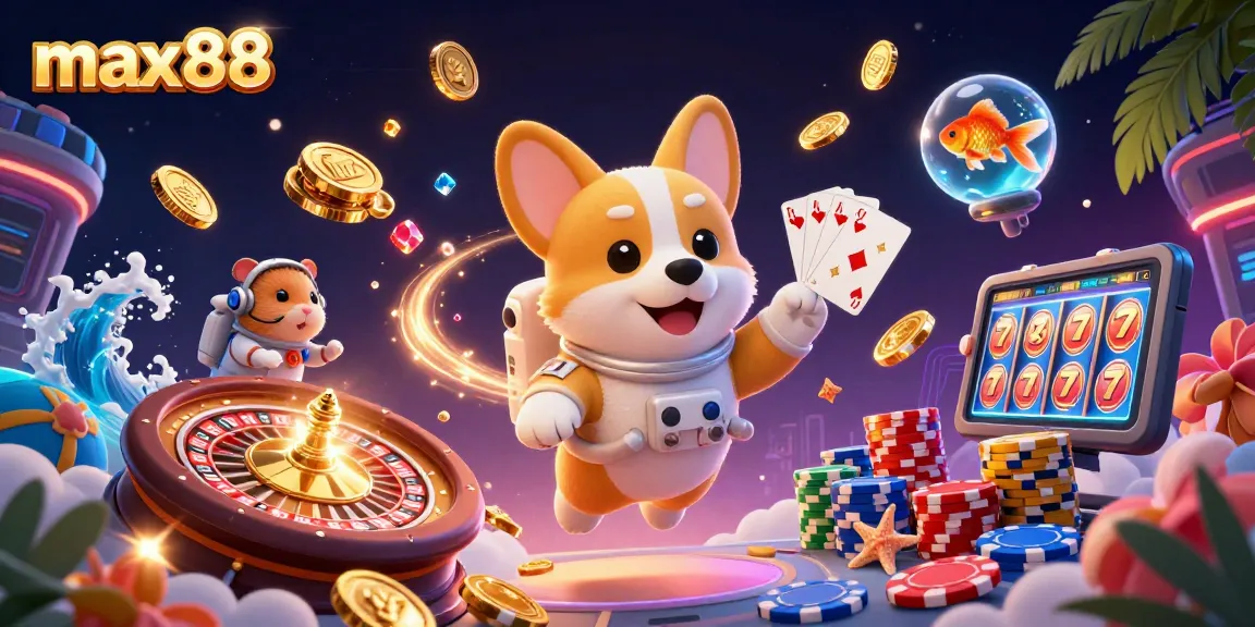 Engage with max88 as the astronaut corgi explores a space casino filled with floating coins and gems.
