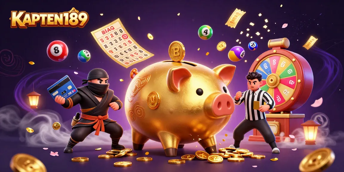 KAPTEN189 mempersembahkan ilustasi menggembirakan dengan karakter piggy bank emas dan unsur peruntungan lainnya.