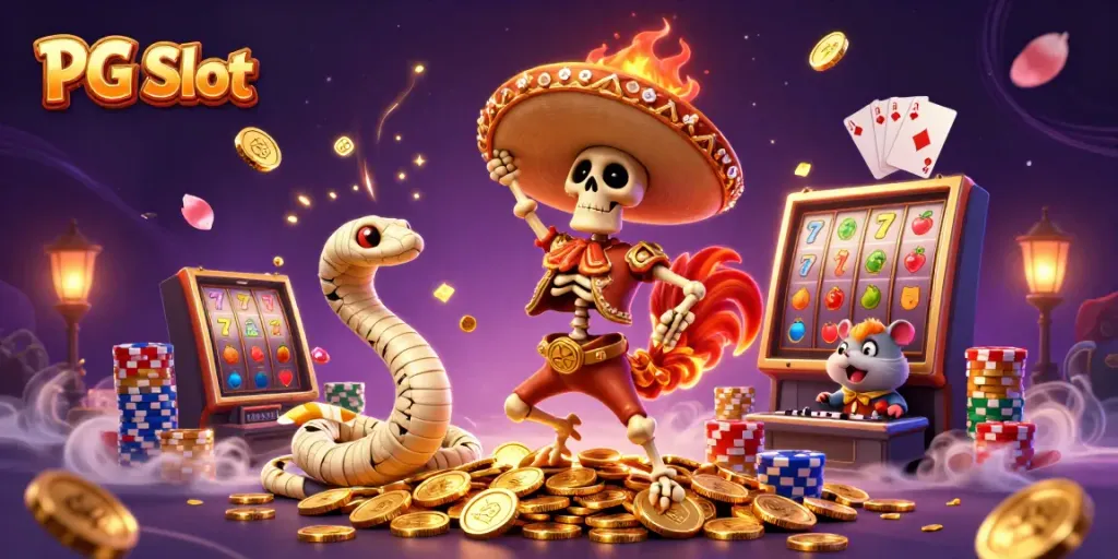 Experience the thrill of PG Slot gaming with vibrant characters dancing on golden coins.