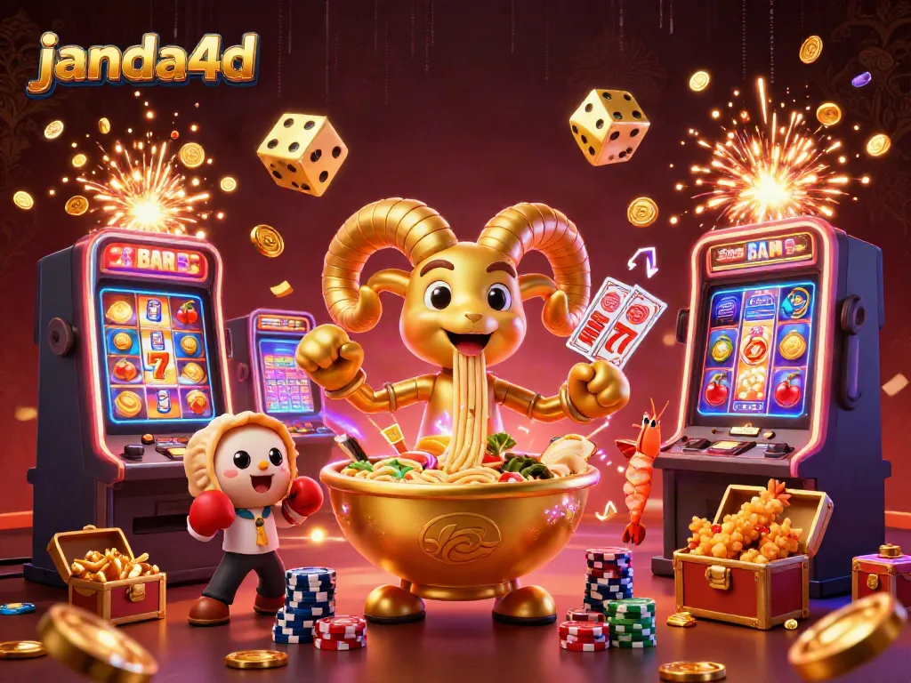 Permainan janda4d menampilkan ilustrasi casino yang seru dengan karakter kartun yang menghibur dan elemen slot yang menonjol.
