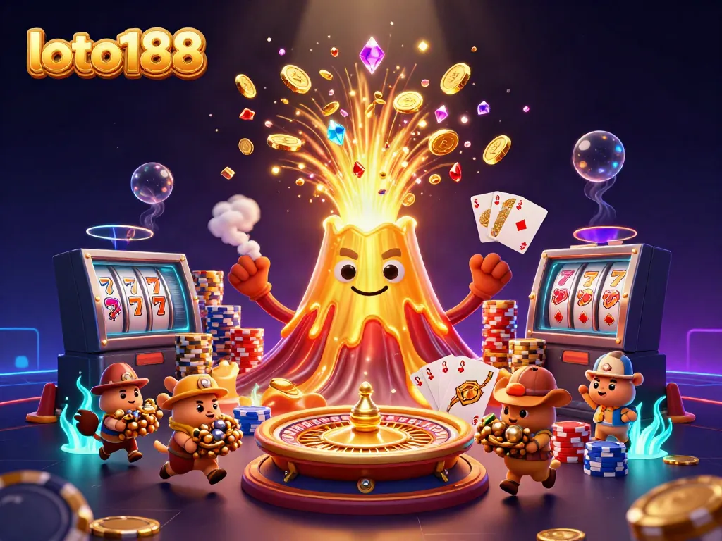 Experience excitement as loto188 celebrates wins with treasures erupting from a golden volcano.