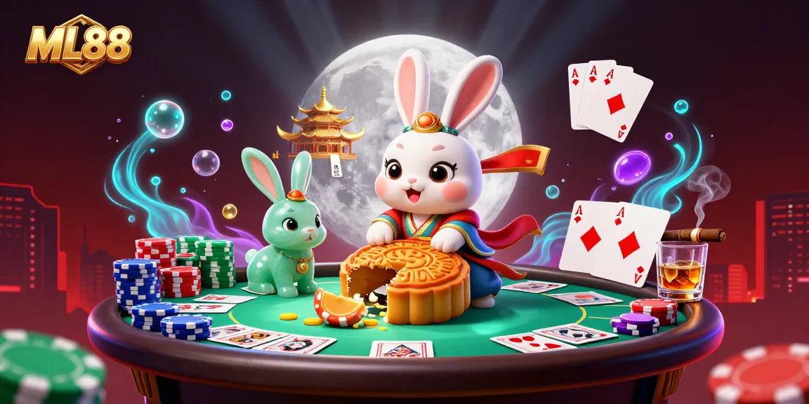 Experience thrilling poker action with ML88 as the moon rabbit reveals chips inside golden mooncakes