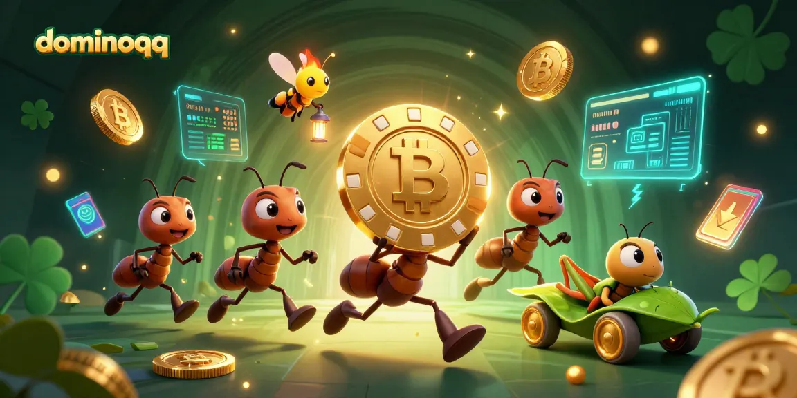 Engage in thrilling gameplay with dominoqq, featuring cartoon ants and vibrant crypto elements.