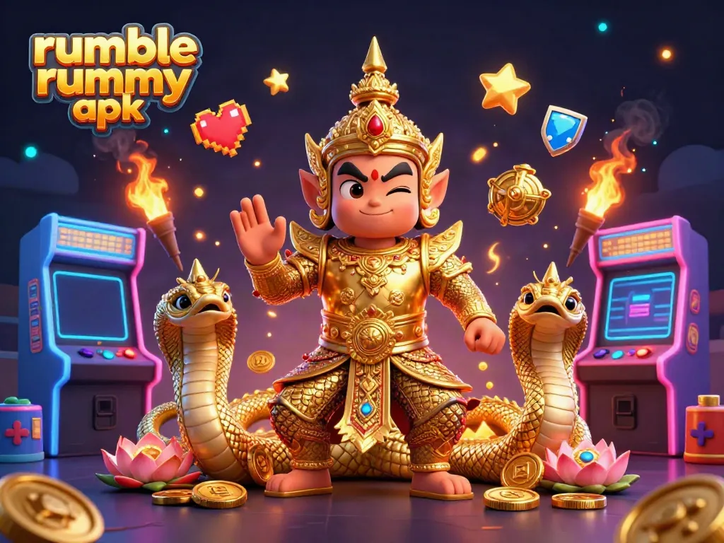 Play Rumble Rummy APK with vibrant characters and gaming elements in a dynamic casino setting.